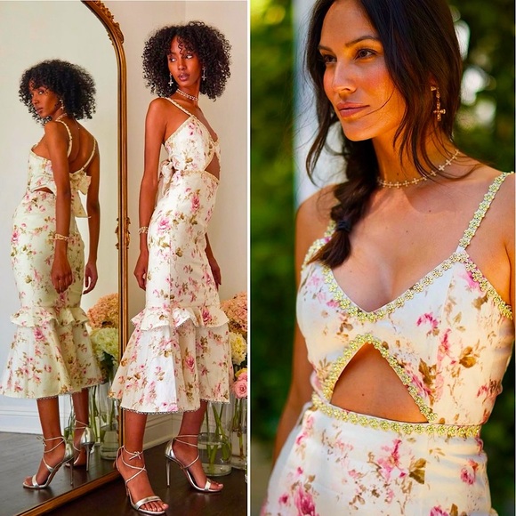 V. Chapman Luna Dress English Rose Floral Beaded Crystal Trim Midi 8 Medium - Picture 2 of 15